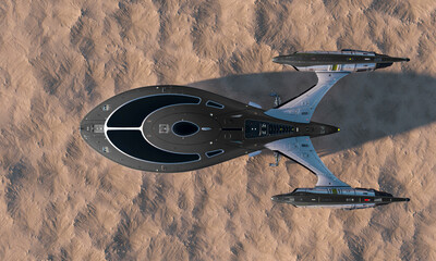 spaceship is landed in desert sunset top spy drone view © DM7