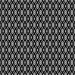 Seamless surface pattern with symmetric ornament. White dashes, crosses and ovals abstract on black background. Ornamental motif. Ethnic wallpaper. Digital paper for web design. Vector illustration