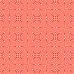 Decorative floral panel motif. Seamless surface pattern with symmetric flowers ornament. Different red figures abstract on yellow background. Digital paper for web design. Vector art illustration