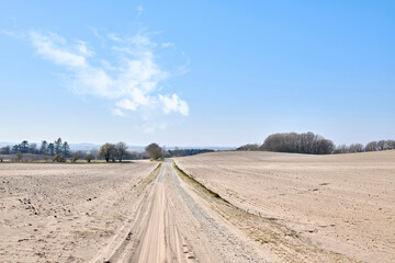 Sandy landscape of a road in the desert sand on a hot summer day with a blue sky background. Dry remote land with a path outdoors in nature on a sunny afternoon. Dunes in an arid environment