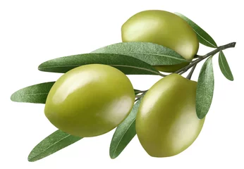 Gordijnen Olive branch with three green olives, isolated on white background © Yeti Studio