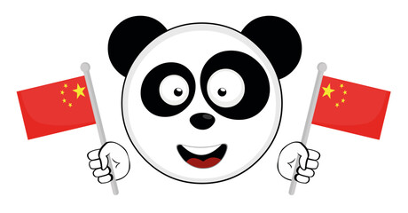 Vector illustration of the face of a cartoon panda bear with a cheerful expression and Flags of china in his hands