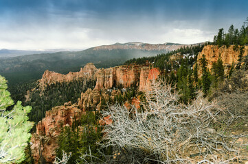 Amphitheater scenic view from Inspiration Point under cloudy sky , Bryce Canyon National Park,...