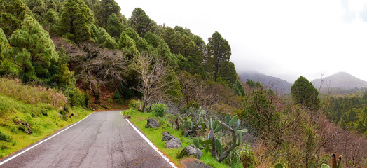 Copy space with a scenic mountain pass along a cliff in La Palma, Canary Islands, Spain on a cloudy...