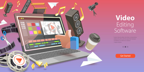 3D Vector Conceptual Illustration of Video Editing Software, Motion Design