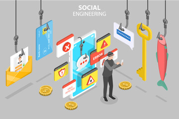 3D Isometric Flat Vector Conceptual Illustration of Social Engineering, Cyber Crime