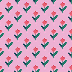 Seamless pattern of red flowers on light pink background. Illustration for postcards, covers, wrappers, packages