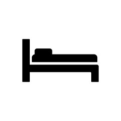 Bed furniture icon in black flat glyph, filled style isolated on white background