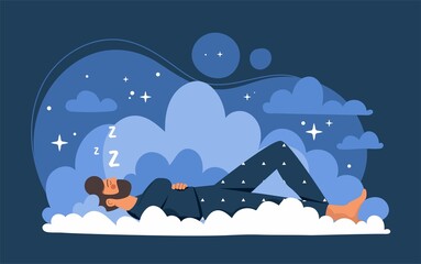 Peaceful sleep concept. Man lies on clouds, metaphor for comfortable bed. Comfort and cosiness in apartment. Rest and recuperation. Fantasy and imagination, dreams. Cartoon flat vector illustration