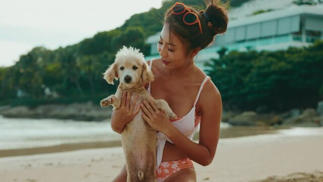 Female Happy smile with pet as new life at sunset
