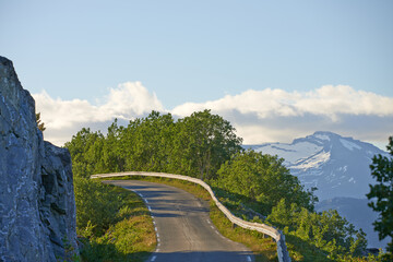 Empty scenic road in mountains during summertime in Nordland. Secluded quiet and peaceful street on the countryside surrounded by lush green trees. Remote travel location in springtime with copyspace