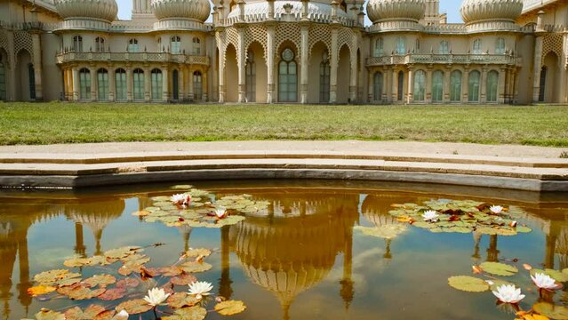 Establishing view of the stunning Royal Pavilion, also known as the Brighton Pavilion, a former royal residence completed in 1823