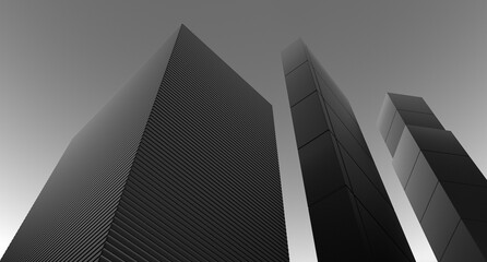 Fototapeta na wymiar Modern construction building design. Industrial construction houses,buildings.Black and white architecture of the facade of high-rise buildings. 3D render.