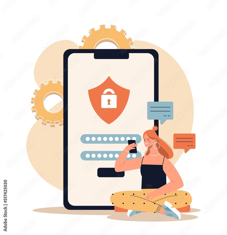 Poster personal data security. young woman protects information on smartphone with password or code. gainin