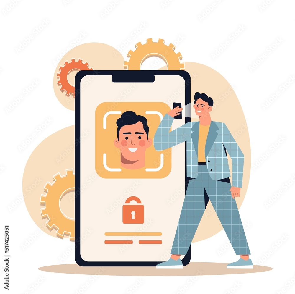 Poster personal data security. man holding smartphone and accessing information using face id. innovative t