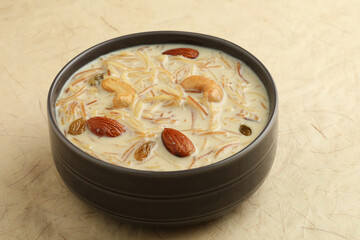 Khir or kheer payasam also known as Sheer Khurma Seviyan consumed especially on Eid or any other festival in india asia. Served with dry fruits toppings in a bowl