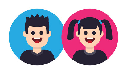 Happy kids boy and girl cartoon character vector illustration. Young joyful children avatar flat design icon.