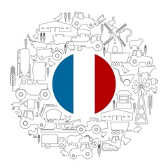 Circle frame with icons of agriculture and farming and flag of France. Illustration or background for eco products and agricultural presentation.
