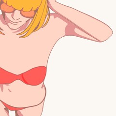 Illustration of a beautiful fashion model posing in a stylish swimsuit. Young attractive woman in bikini. Sketch style outline. Top view