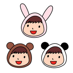 ウサギとクマとパンダのフードをかぶったかわいい子供のイラスト素材