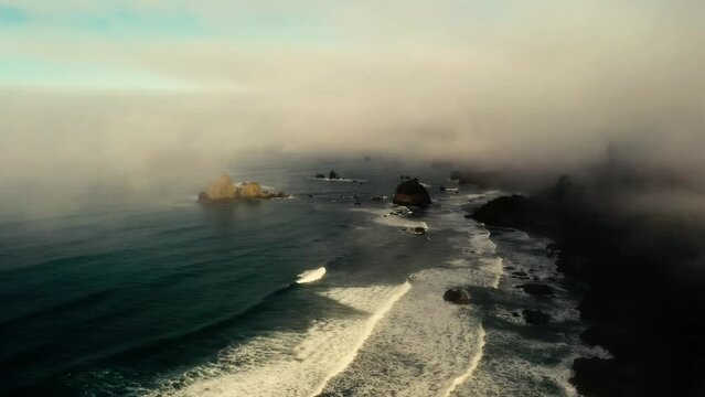 Cloudy foggy coastline in the morning Humboldt County Northern California off Highway 101 on the Pacific Ocean in the fall
