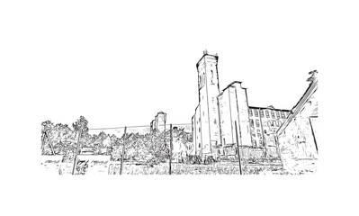 Fototapeta premium Building view with landmark of Narva is a municipality and city in Estonia. Hand drawn sketch illustration in vector.