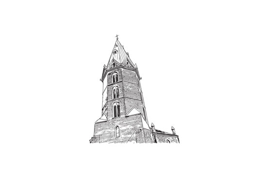 recommend clip art: Building view with landmark of Narva is a municipality and city in Estonia. Hand drawn sketch illustration in vector.