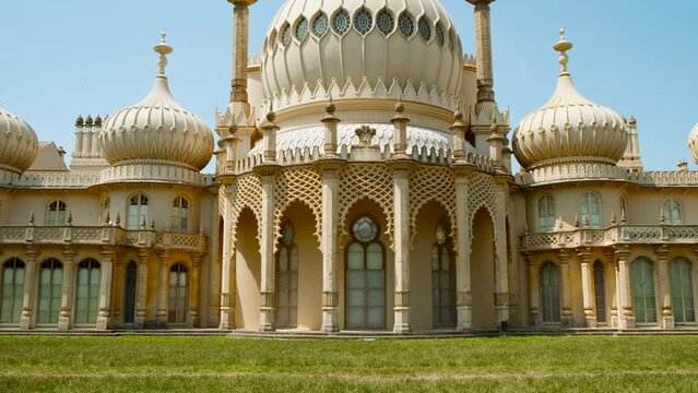 Establishing view of the stunning Royal Pavilion, also known as the Brighton Pavilion, a former royal residence completed in 1823