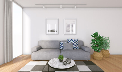 Interior architectural space of a living room with few elements, modern equipment and yellow details