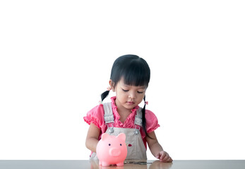 Fototapeta na wymiar Asian girl on a white background People are saving money in piggy banks with money boxes for future travel, home and retirement funds.