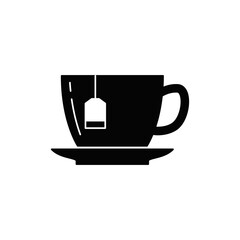 Tea Bag and cup icon in black flat glyph, filled style isolated on white background