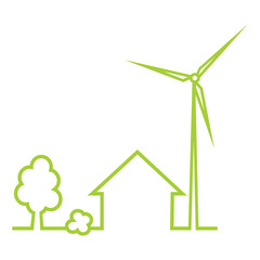 Wind power plant and house, ecological households heating, line art, transparent, vector icon