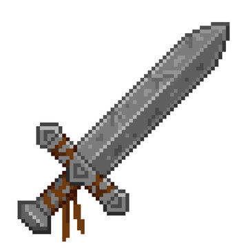 An 8-bit pixel-art retro-styled cartoon illustration of an ancient stone sword.