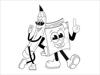 Obraz premium Line cartoon drawing pencil and book ready for school