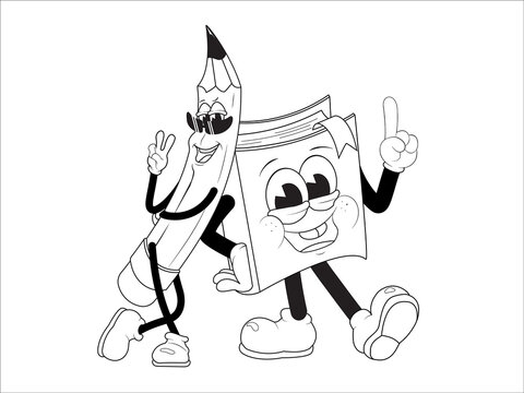 Line cartoon drawing pencil and book ready for school