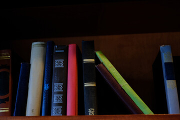 bookshelf with variety of old books