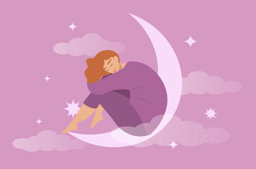 vector illustration on the theme of dreams, fantasies, good sleep. a young woman sleeps on a crescent surrounded by stars and clouds