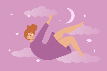 vector illustration in flat style on the theme of dreams, daydreams, fantasies. girl flying through the clouds