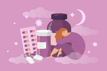 vector illustration in a flat style on the theme of sleeping pills, good sleep. sleeping girl and pill bottles