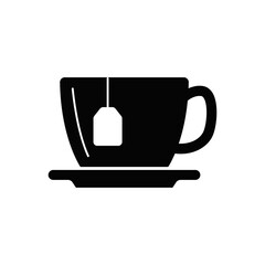 Tea Bag and cup icon in black flat glyph, filled style isolated on white background