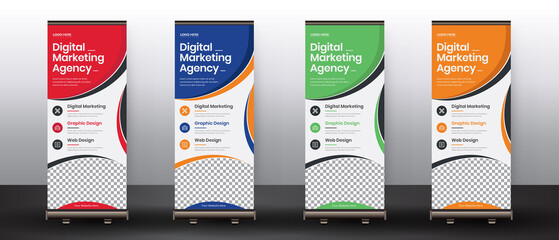 Creative Modern and colourful minimal style roll-up banner template. Also suitable for standee or x-banner, flag banner, vertical signboard, vertical billboard, brochure or flyer