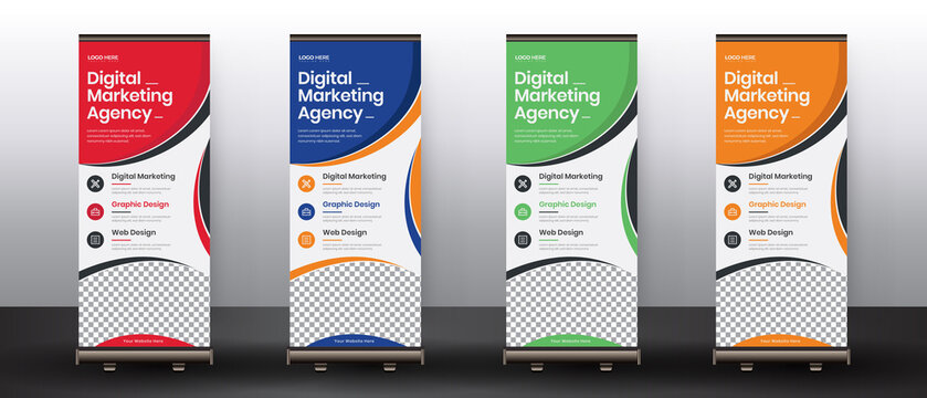 Creative Modern and colourful minimal style roll-up banner template. Also suitable for standee or x-banner, flag banner, vertical signboard, vertical billboard, brochure or flyer