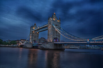 Tower Bridge as dusk settles on a rainy night