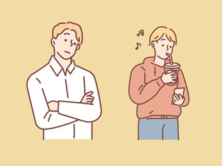 コーヒーを飲む、考え事をするイラスト(待ち合わせ、意見を話す、ボーっとする、スマホをいじる、時間を潰す) Illustration of drinking coffee and thinking.Meet, talk, daze, fiddle with your smartphone, and kill time.
