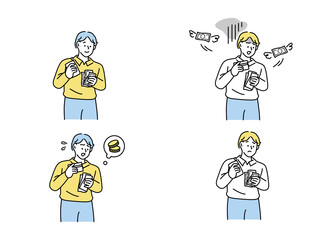 貯蓄、お金を貯める時のイラスト(貯金、残高、支払い、資産を増やす、お金、副業、将来設計、収入、嬉しい、お得、積立、節約、金欠、浪費) Savings, illustrations of saving money savings, balances, payments, increased assets, , side jobs, future planning, income
