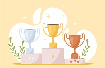 Winners podium with cups. Pedestal with awards for people who took first, second and third place in competition. Prizes for champions. Gold, silver and bronze trophy. Cartoon flat vector illustration