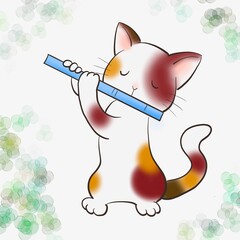 ネコが楽しそうにフルートを吹いているイラスト
