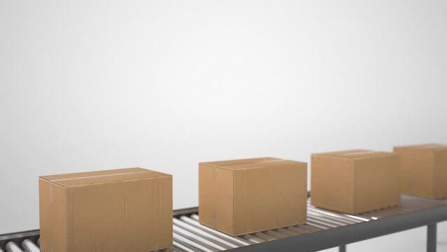 4K Loop Cardboard boxes on conveyor belt line isolated on white grey background. Distribution warehouse. E-commerce, storage, delivery and packaging service concept. Close up, DOF 3d animation
