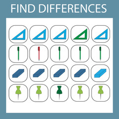Educational game for children. Find stationery school that are different from others in the row and circle them