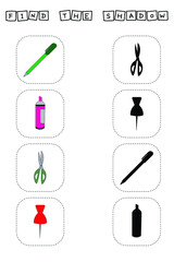 Colorful school supplies. Find the correct shadow. Educational game for children.
